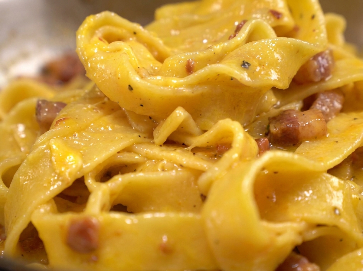 Primer plano de pasta gruesa cubierta por una salsa rica de huevo y queso con trozos de bacon y pimienta negra.