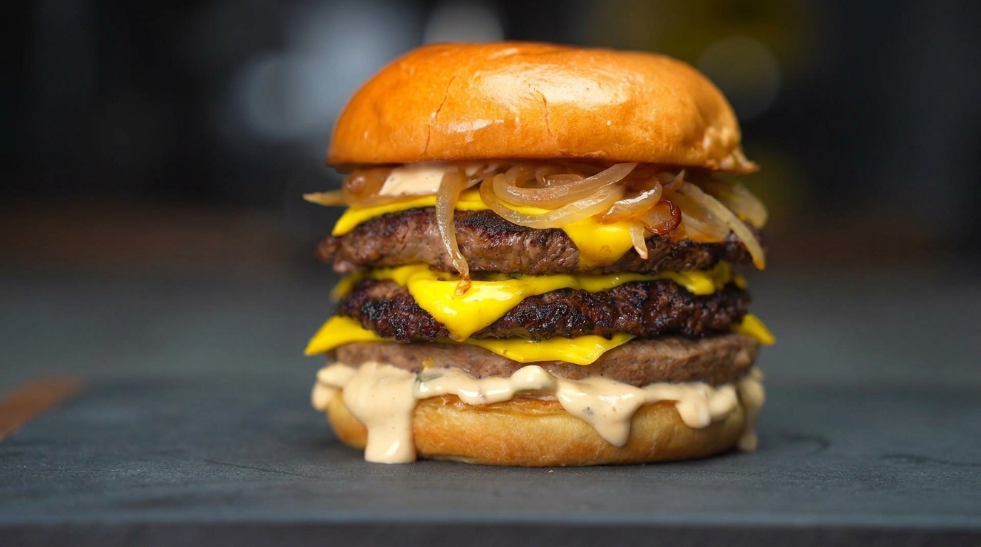 La Mejor Doble Cheeseburger con Cebolla Caramelizada