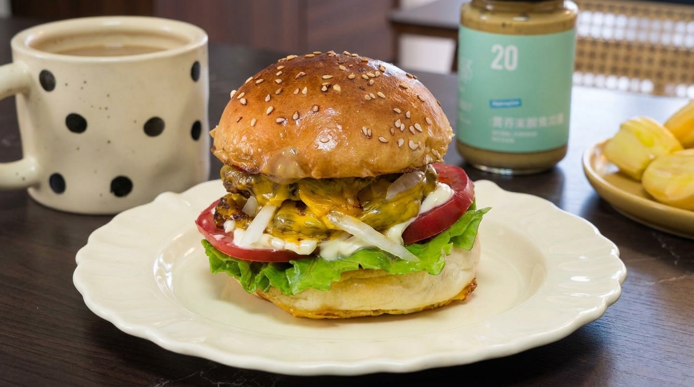 Hamburguesa Doble con Queso y Pan Casero de Sésamo