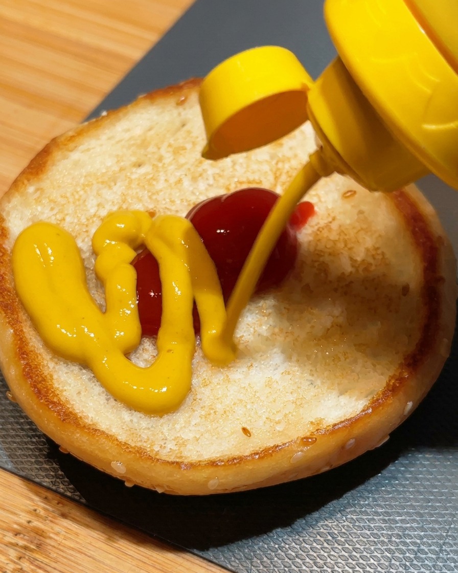 Mostaza amarilla vertiéndose sobre un poco de ketchup en la base tostada de un pan con sésamo.