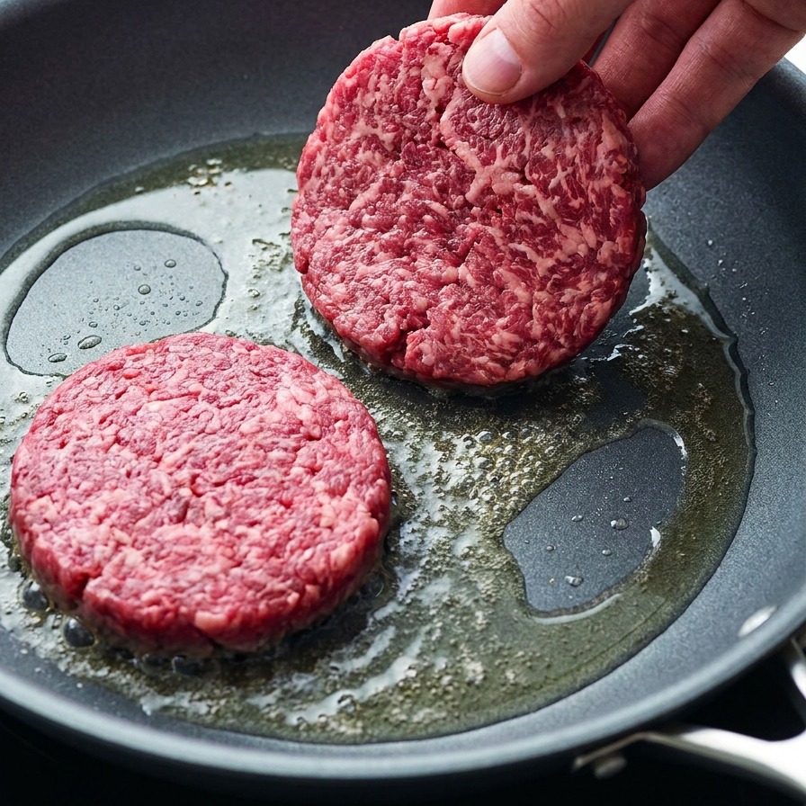 Una mano colocando medallones de carne cruda en una sartén caliente con mantequilla derretida.