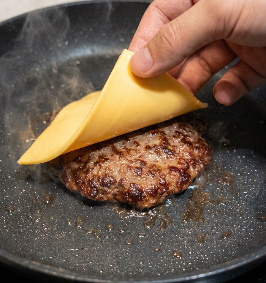 Una mano colocando una loncha cuadrada de queso amarillo sobre un medallón de carne siseante en la sartén.