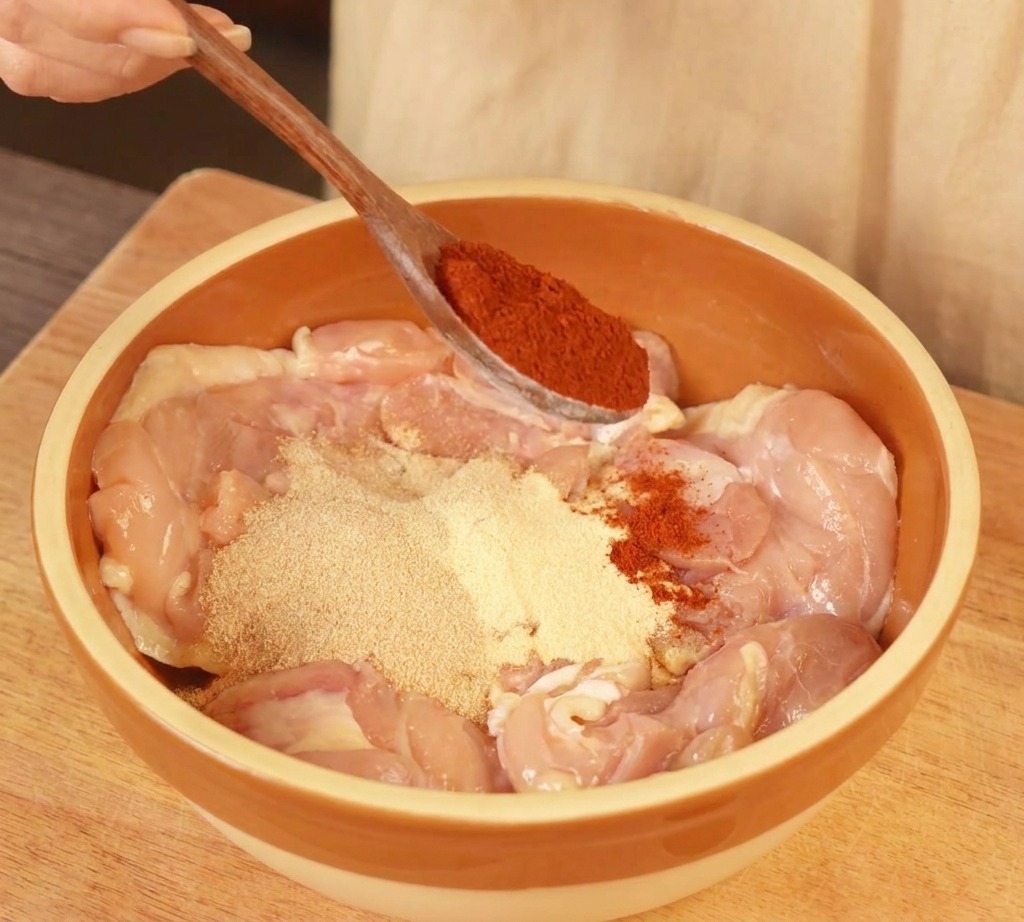 Muslos de pollo crudos en un bol cerámico siendo sazonados con una cucharada de pimentón rojo junto a ajo y cebolla en polvo.