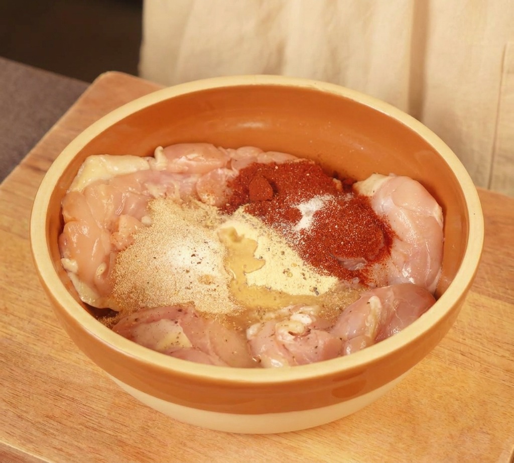 Vertiendo leche fresca sobre los muslos de pollo sazonados en un bol, mezclándose con las especias rojas y beige.