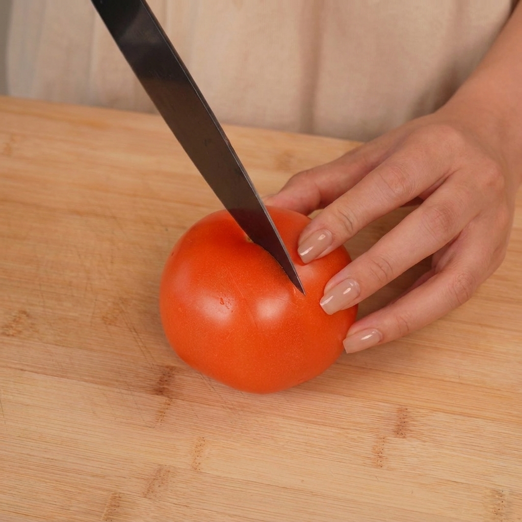 Primer plano de una mano usando un cuchillo de cocina para hacer un corte en cruz en la piel de un tomate rojo sobre una tabla de madera clara.