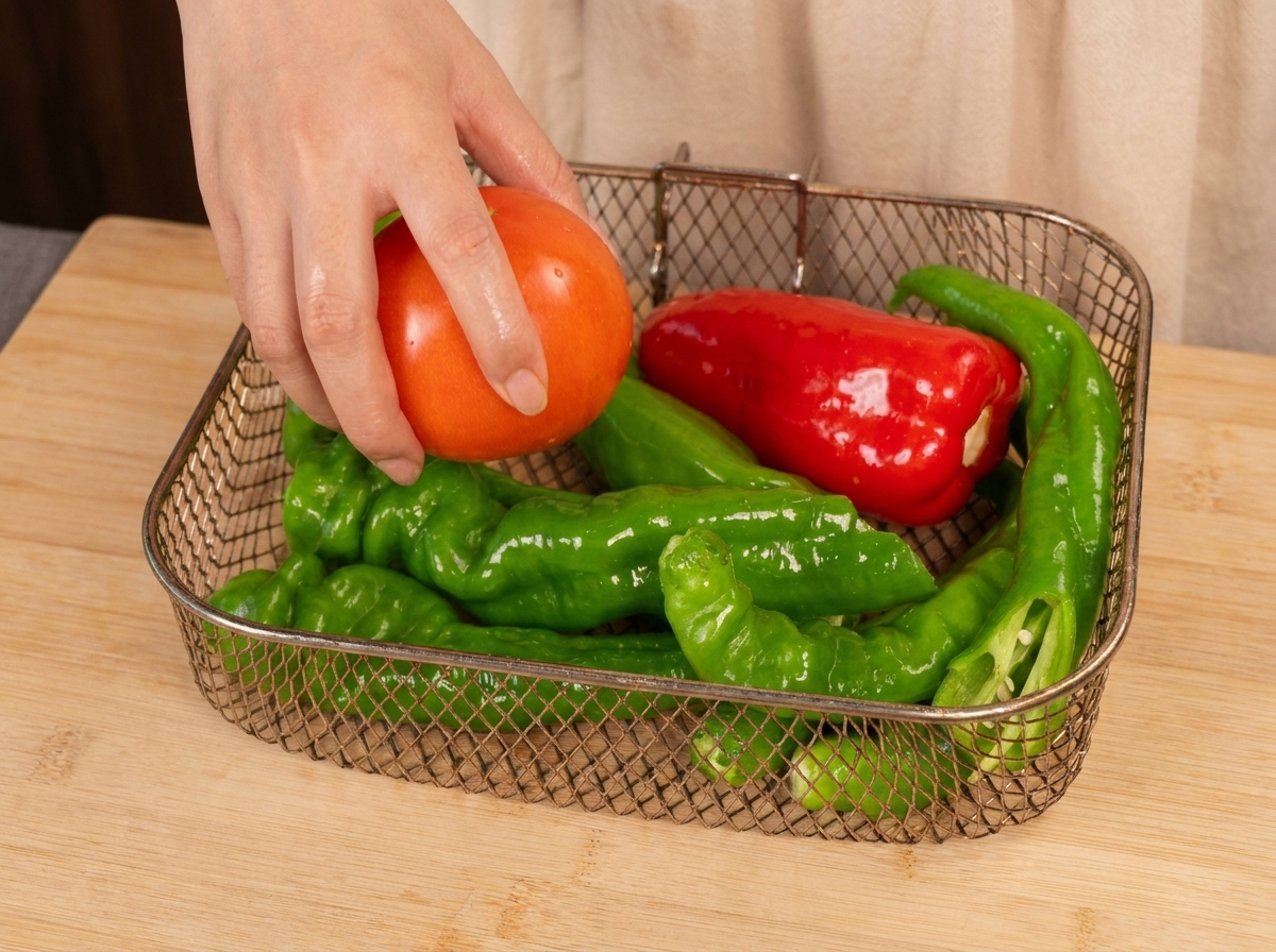 Una mano colocando un tomate rojo entero en la cesta de una freidora de aire que ya contiene pimientos verdes y rojos.