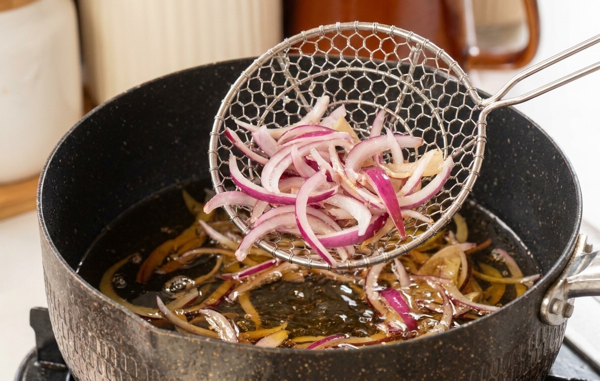 Láminas finas de cebolla roja introduciéndose en una olla con aceite caliente usando una espumadera de metal.
