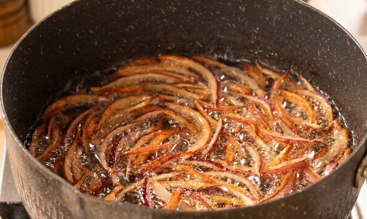 Láminas de cebolla roja burbujeando en aceite caliente, adquiriendo un color marrón dorado oscuro y crujiente.