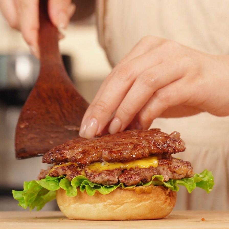Una persona apilando varios filetes de hamburguesa con queso fundido sobre un pan tostado con lechuga.