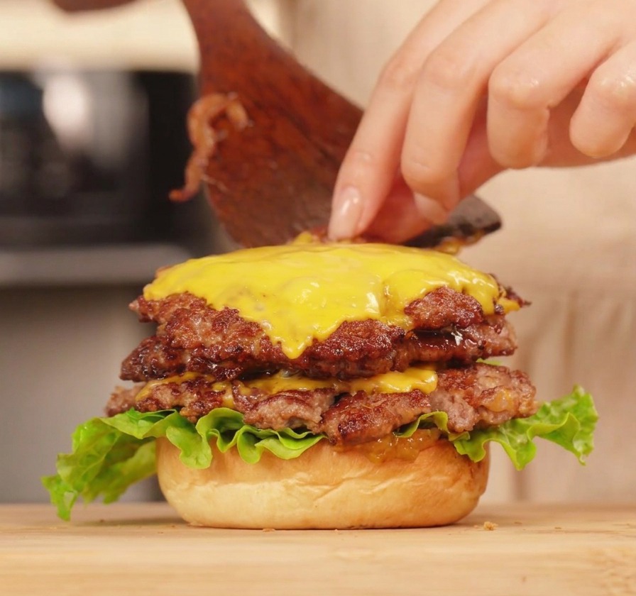 Una persona usando una espátula de madera para montar una hamburguesa doble, aplicando una capa de salsa de pimientos con textura sobre el queso fundido.