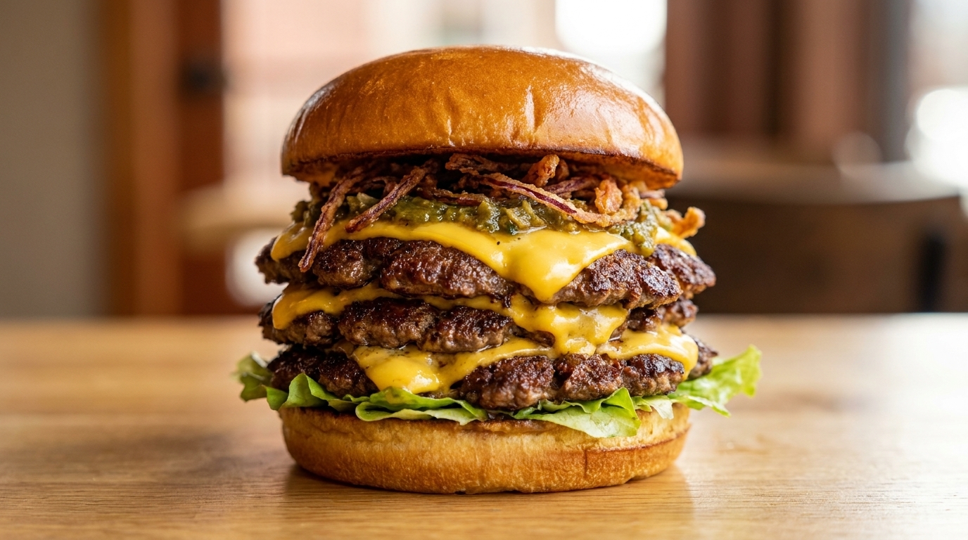 Triple Smash Burger con Salsa de Pimientos Asados y Cebolla Crujiente