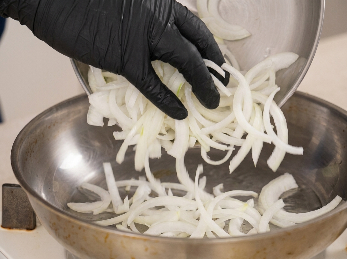 Rodajas de cebolla blanca cruda cayendo desde un bol metálico a una sartén de acero inoxidable precalentada.