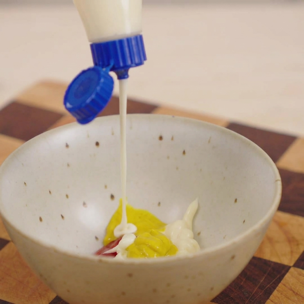 Un chorro de aderezo cremoso cayendo sobre mostaza amarilla y ketchup rojo en un pequeño bol de cerámica.