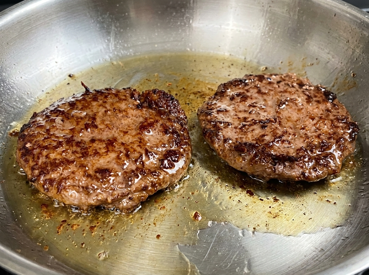 Dos hamburguesas gruesas de Wagyu sellándose en una sartén, mostrando una costra oscura caramelizada en la parte superior.