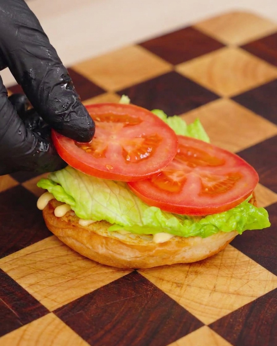 Mano con guante colocando una rodaja fina de tomate sobre una capa de lechuga verde en un pan brioche tostado.