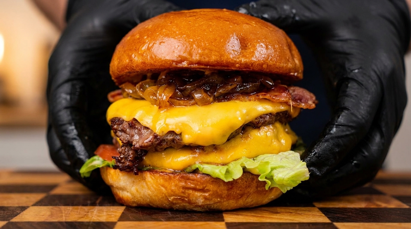Hamburguesa Doble de Wagyu Gourmet con Cebolla Caramelizada