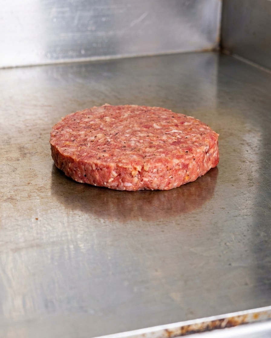 Una hamburguesa de carne molida cruda y sazonada sobre una plancha caliente de acero inoxidable.