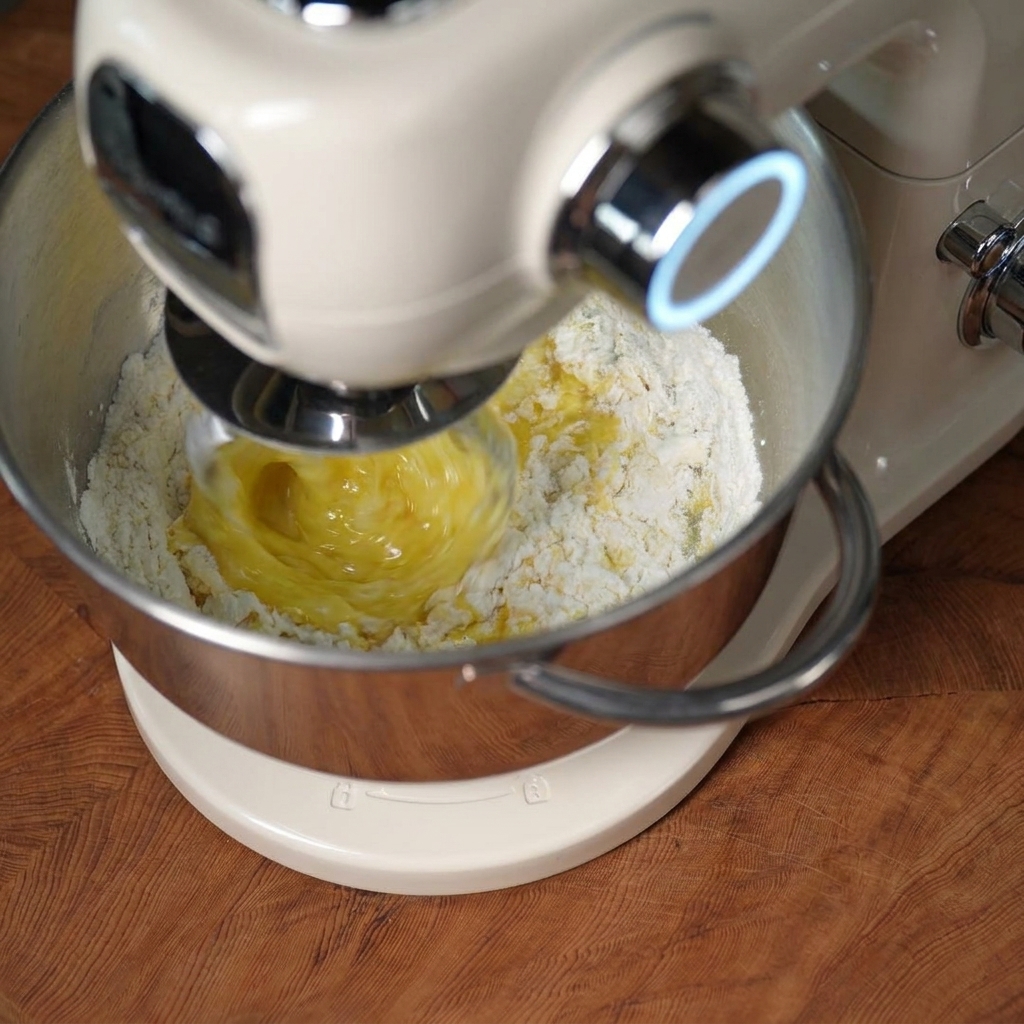Batidora de pie de color crema amasando una masa amarillenta en un bol de acero con el gancho amasador.