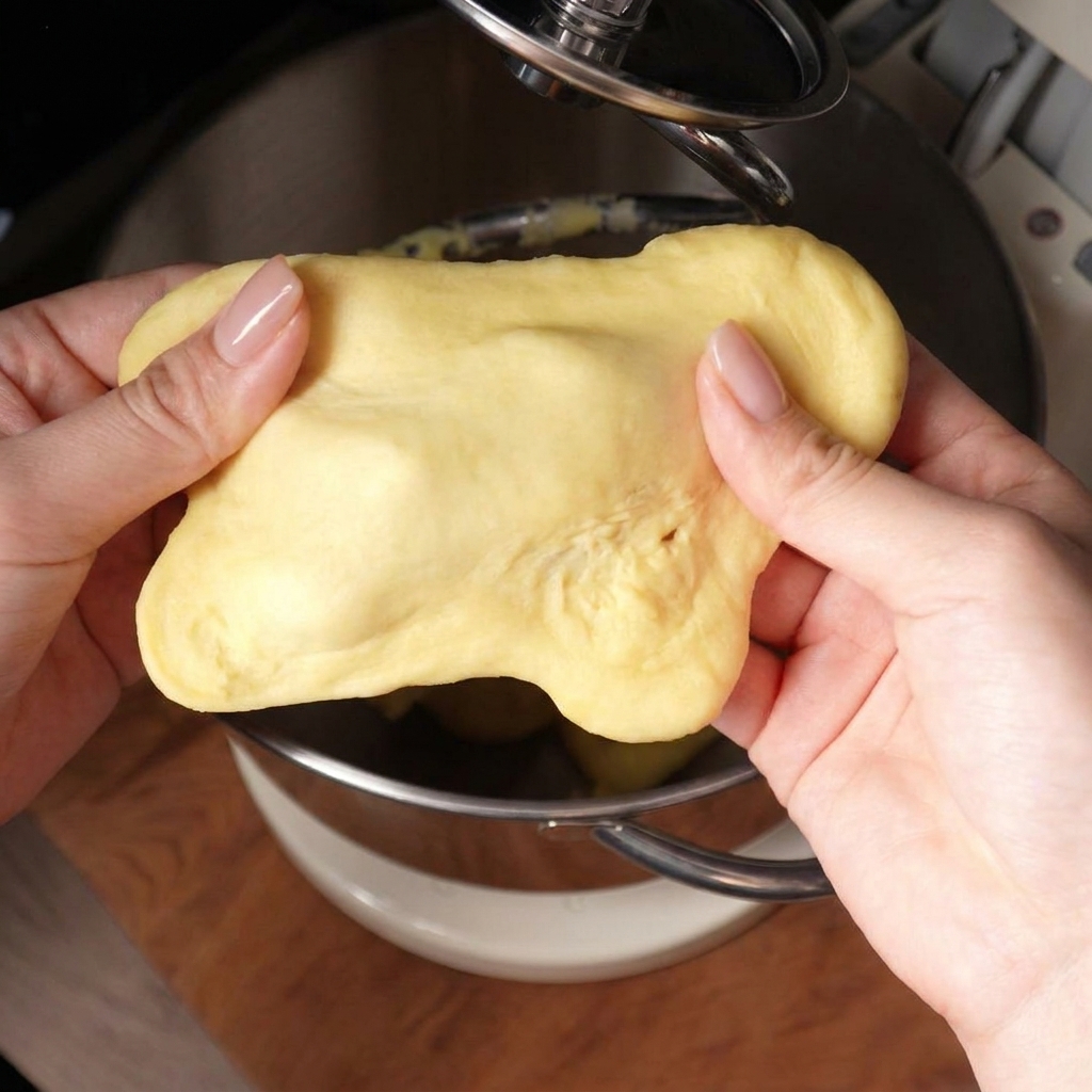 Primer plano de manos estirando masa cruda de brioche, mostrando una textura rugosa que se rompe fácilmente.