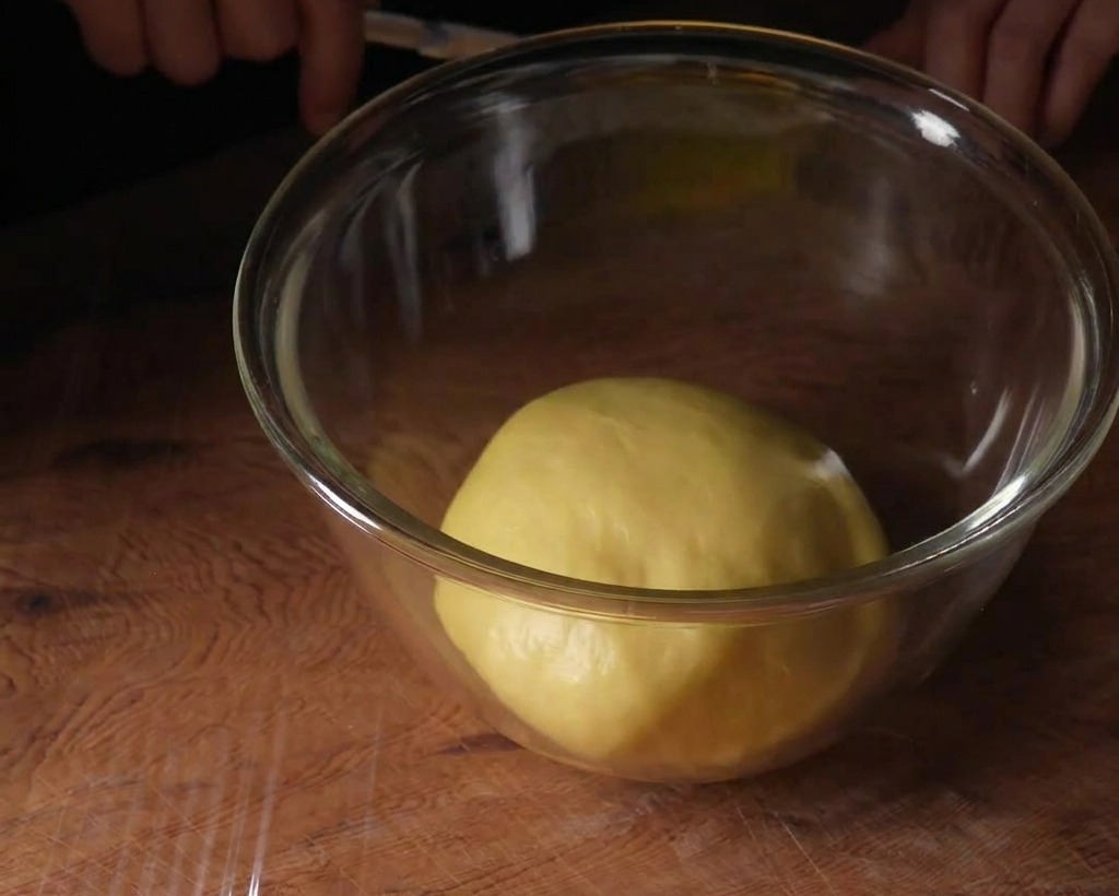 Bola de masa de brioche suave en el centro de un bol de cristal grande sobre una superficie de madera.