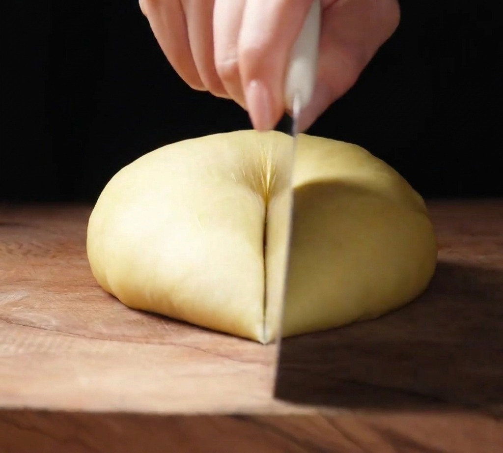 Cuchillo afilado cortando la masa de brioche en una superficie de trabajo de madera.