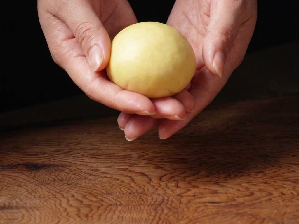 Manos dando forma a una pequeña bola suave de masa de brioche sobre madera.