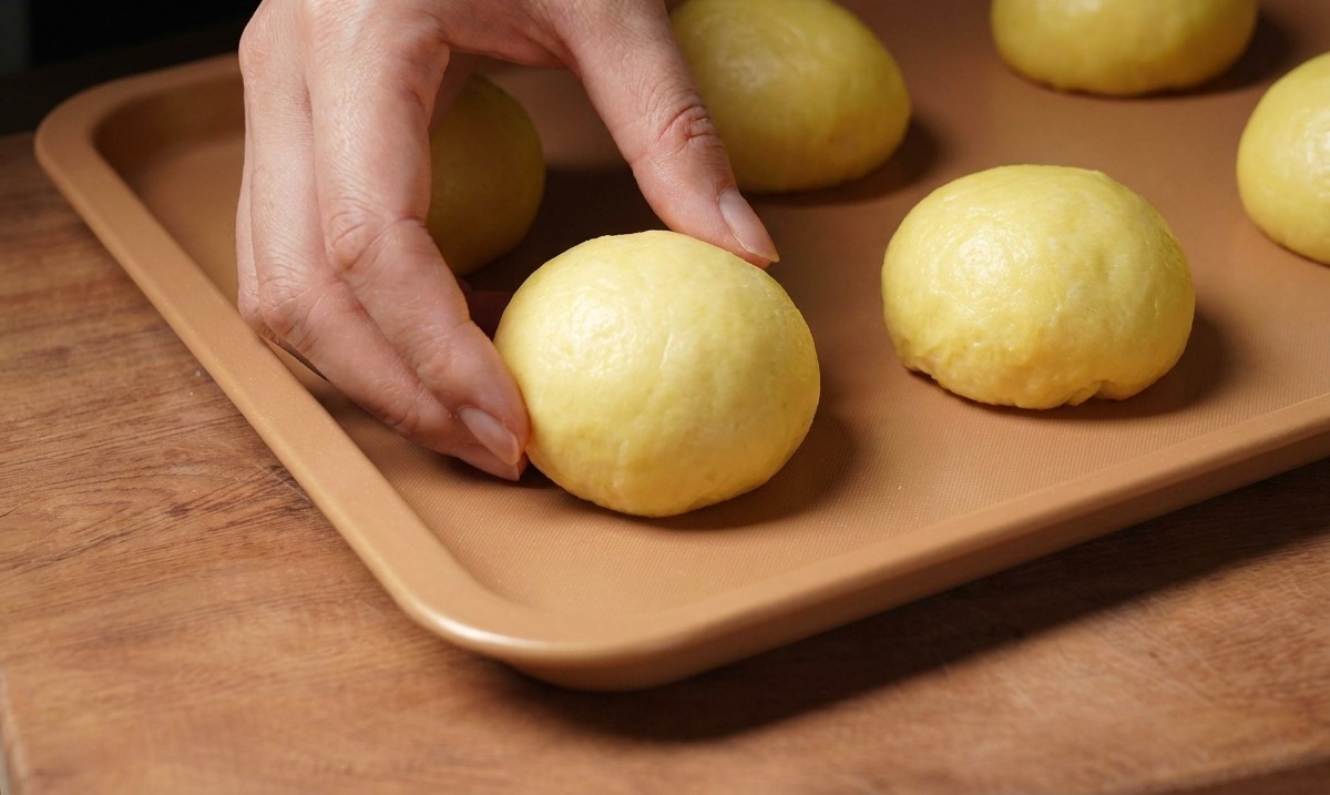Mano colocando un bollo de masa en una bandeja de horno dorada junto a otros panecillos.