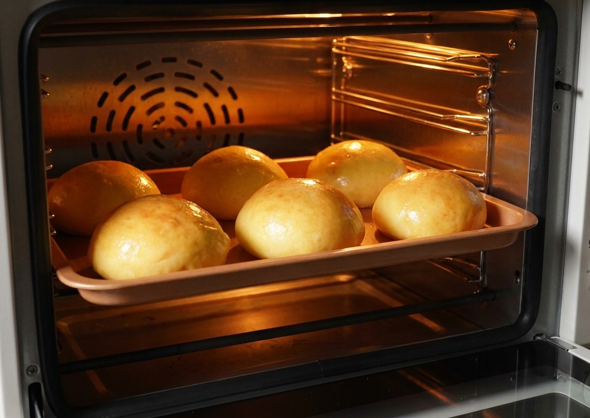 Seis panes de hamburguesa brioche horneándose en una bandeja dorada dentro de un horno iluminado.