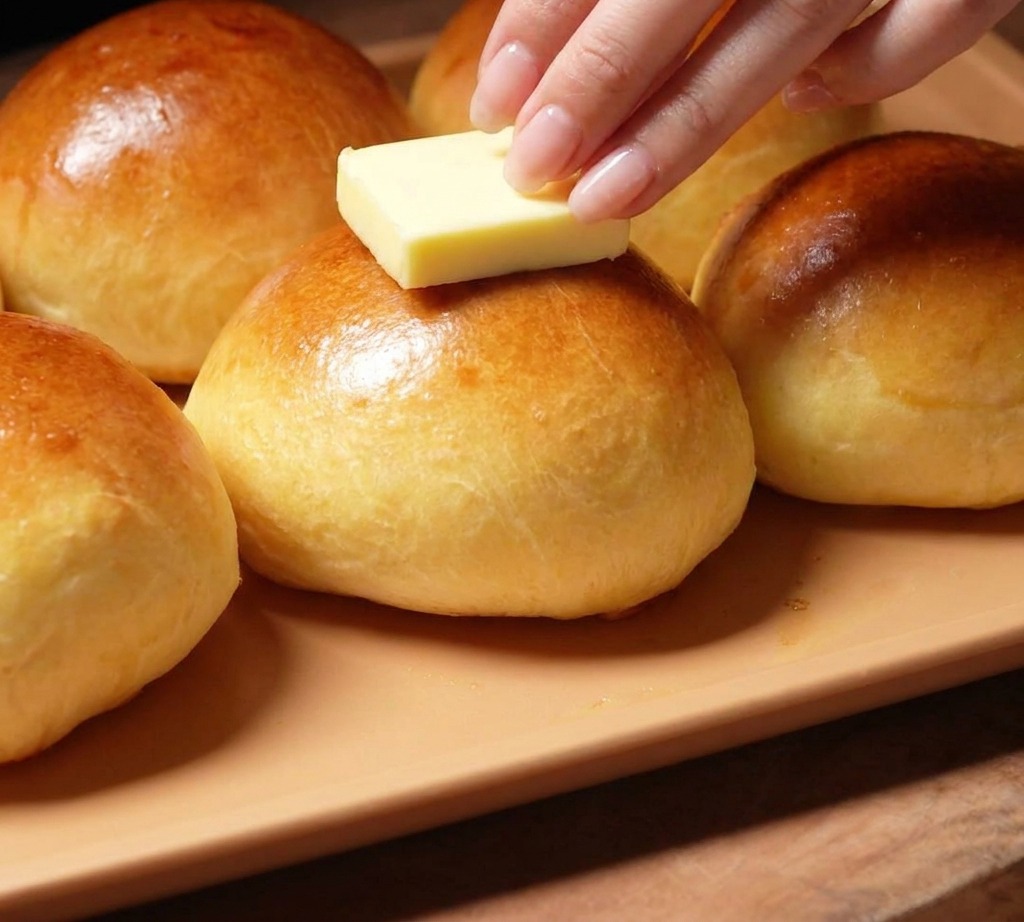 Bloque de mantequilla frotándose sobre la parte superior humeante de un pan de brioche recién horneado.