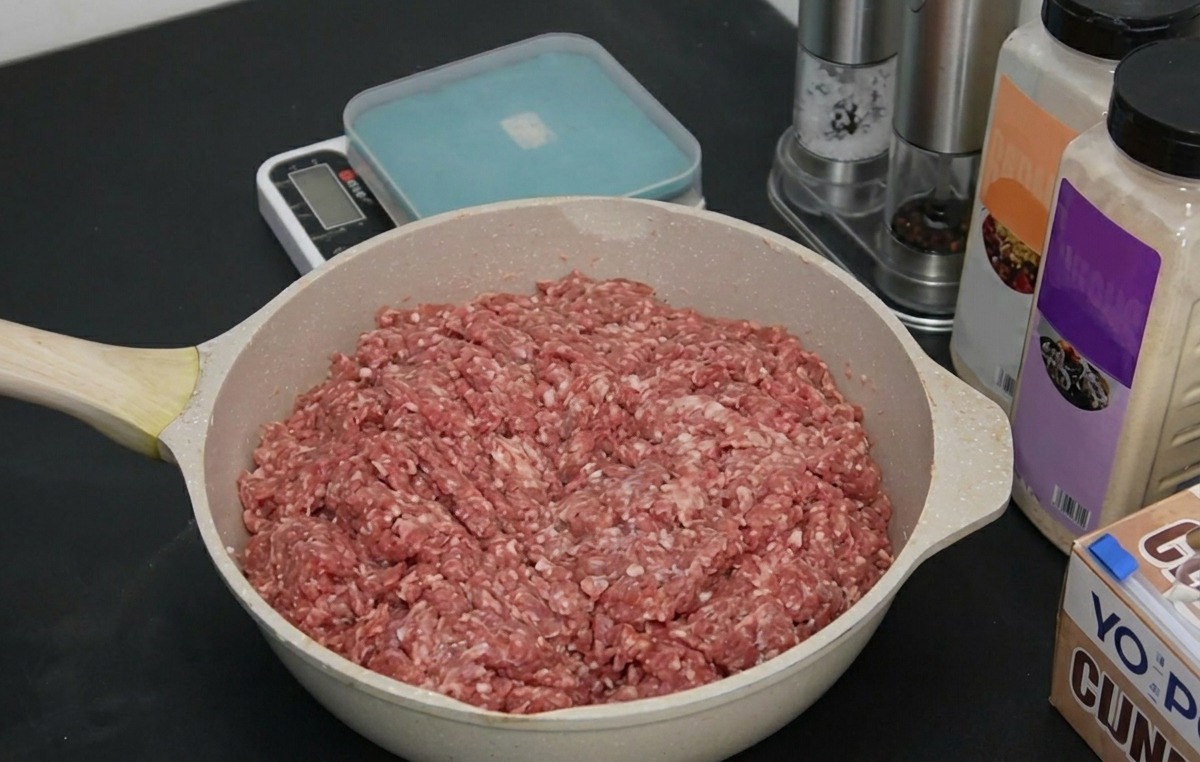 Una bandeja ancha con carne molida cruda sobre una encimera oscura, junto a recipientes de condimentos y una báscula.