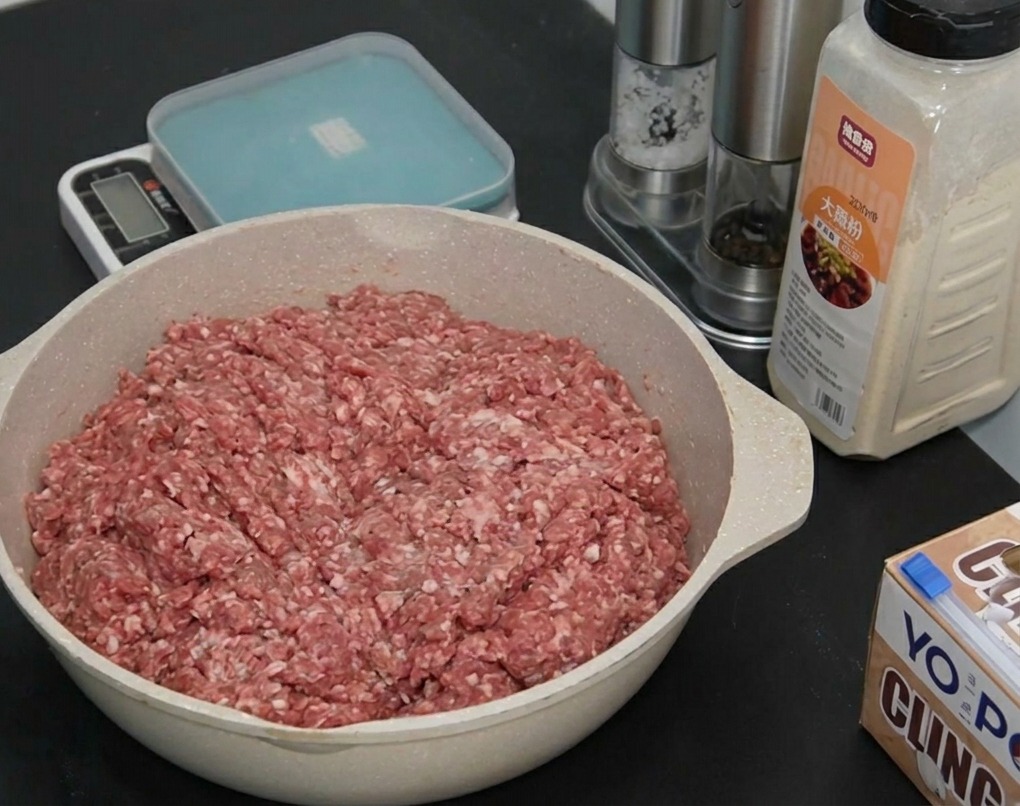 Carne molida esparcida en una bandeja de cerámica con frascos de especias y una báscula en el fondo.