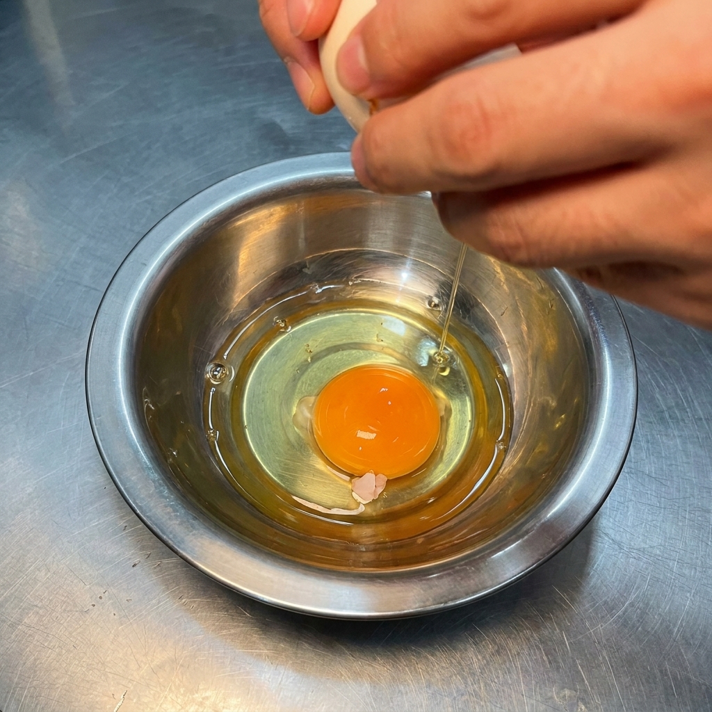 Manos cascando un huevo crudo en un bol de acero inoxidable con una yema ya dentro.