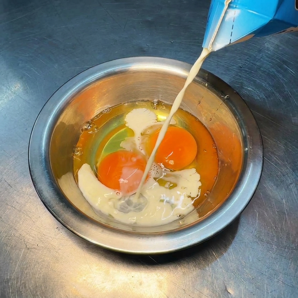 Leche vertiéndose desde un cartón azul en un bol de acero con yemas y claras de huevo.