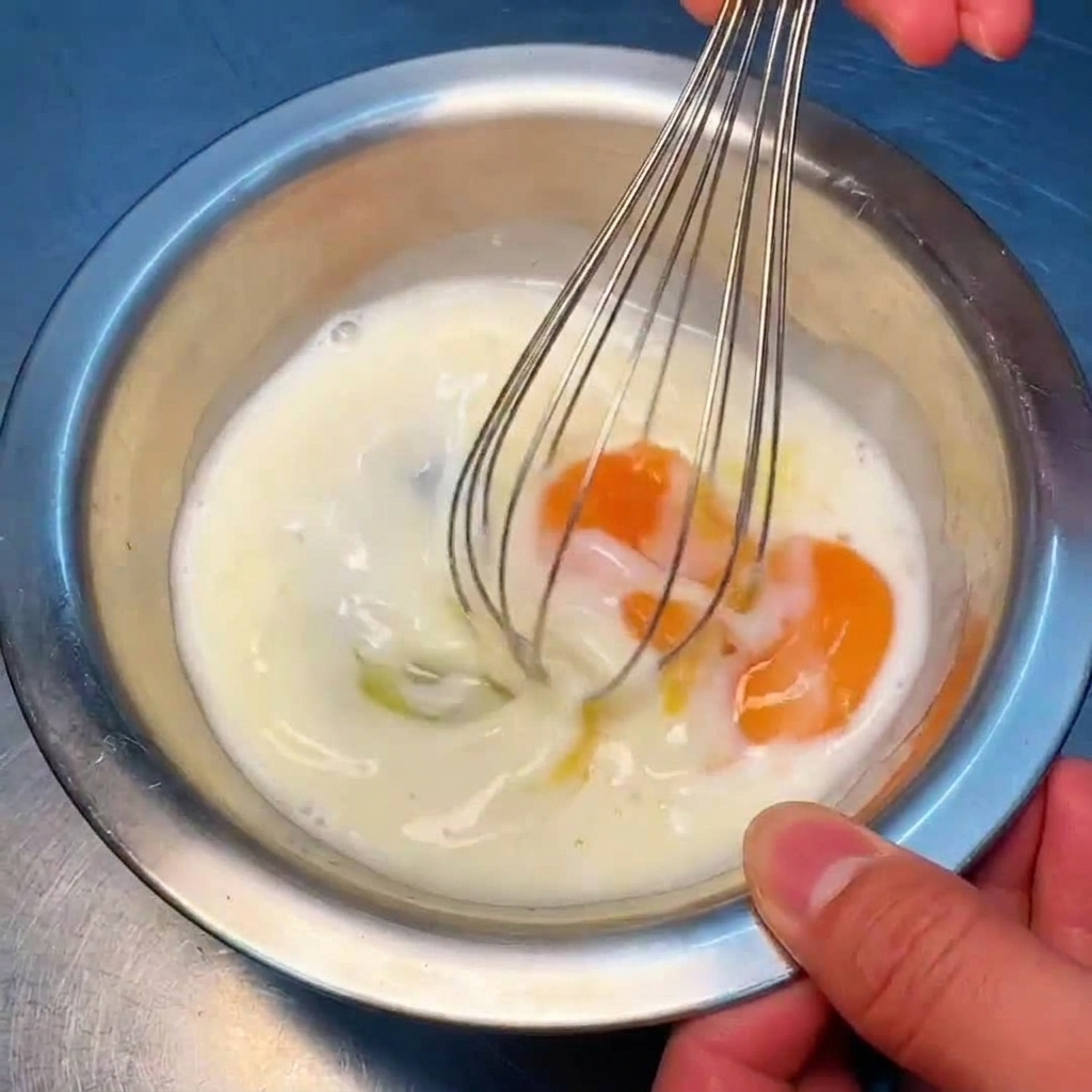 Una mano usando un batidor de varillas para batir rápidamente la mezcla de huevo y leche en un bol de metal.