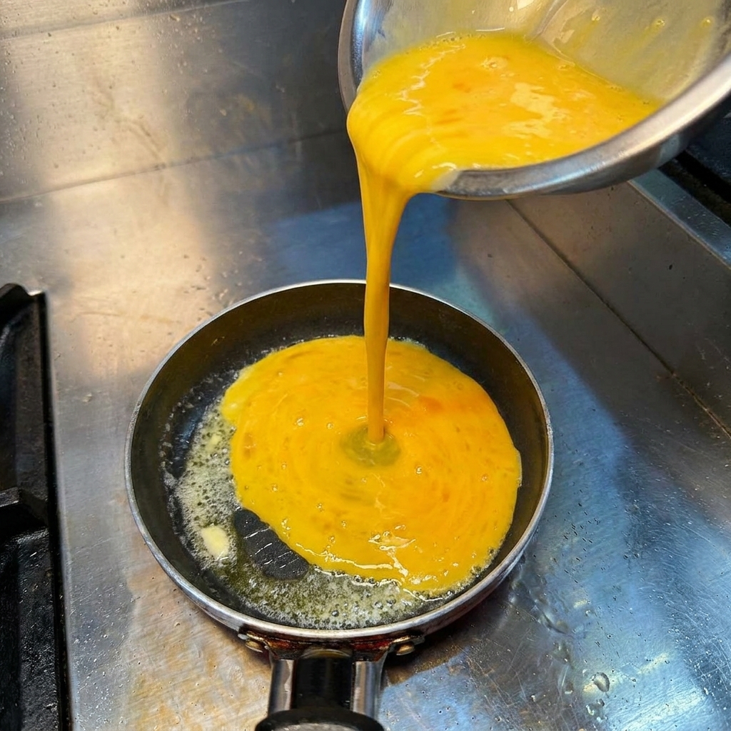 Mezcla de huevo amarillo brillante vertiéndose desde un bol de acero en una sartén caliente con mantequilla derretida.