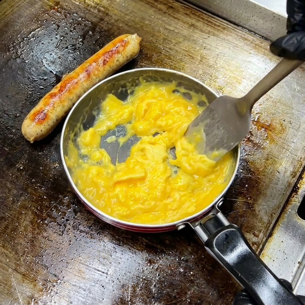 Mano con guante negro usando una espátula para doblar suavemente huevos revueltos parcialmente cocinados en una sartén pequeña.