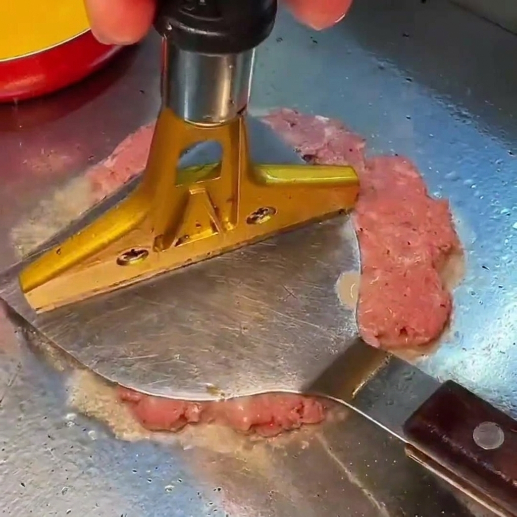 Una prensa pesada dorada presionando firmemente una porción de carne picada cruda en una parrilla caliente.