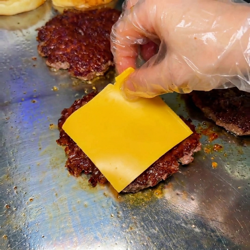 Una mano con guante colocando una loncha cuadrada de queso amarillo sobre la carne cocinada en la plancha.