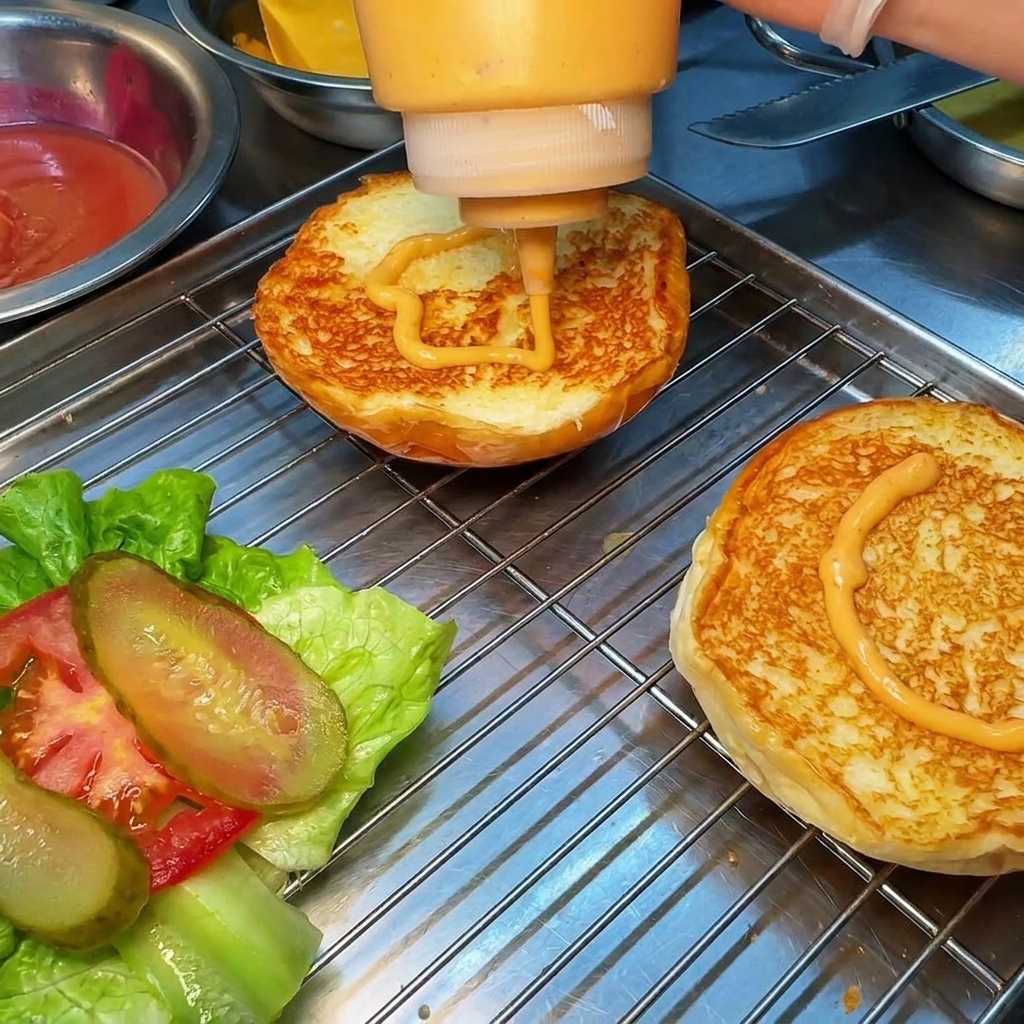 Salsa de hamburguesa naranja vertiéndose desde una botella sobre mitades de pan tostado en una rejilla.