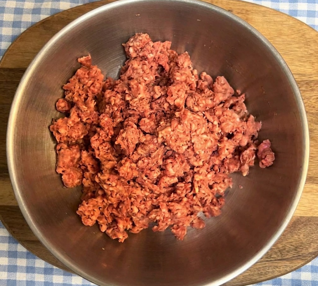 Vista cenital de carne picada fresca con veteado de grasa en un bol de metal sobre una tabla de madera.