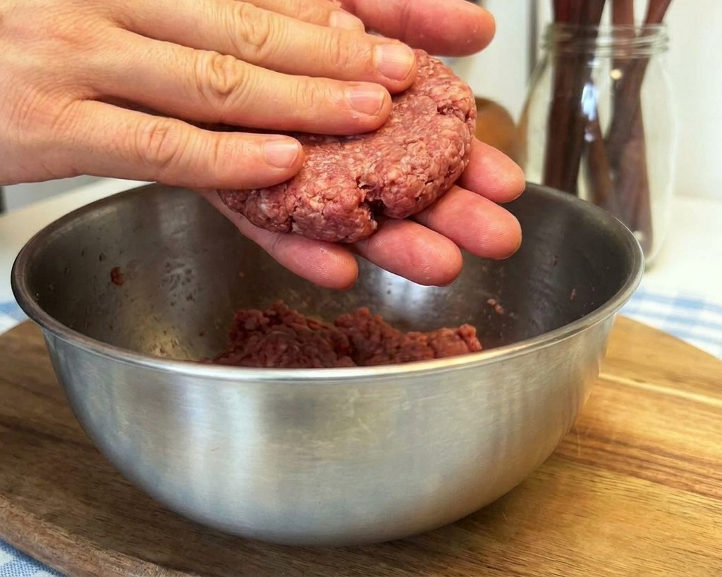 Primer plano de manos presionando una bola de carne para formar un disco circular sobre un bol metálico.