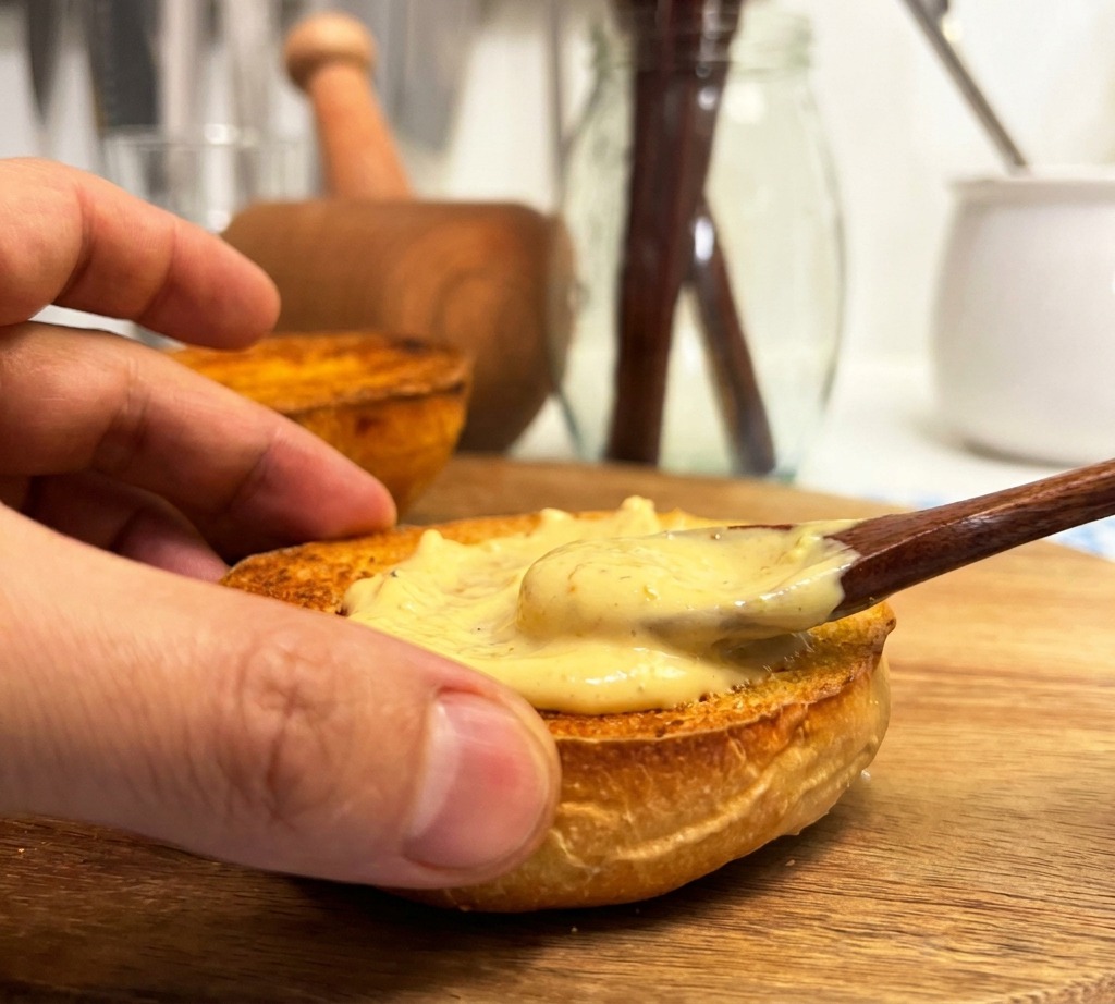 Mano extendiendo una salsa espesa y cremosa sobre la superficie de un pan tostado con una cuchara.