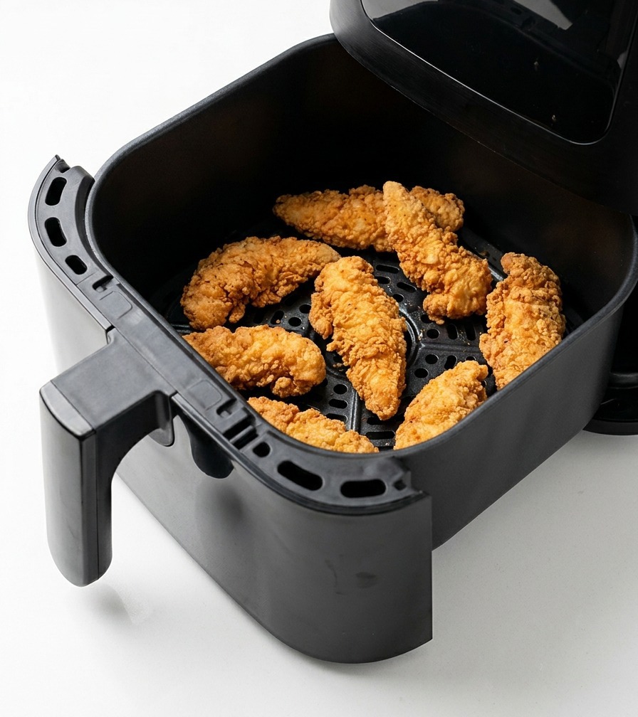 Trozos de pollo frito dorados en la cesta de una freidora de aire sobre una encimera blanca.