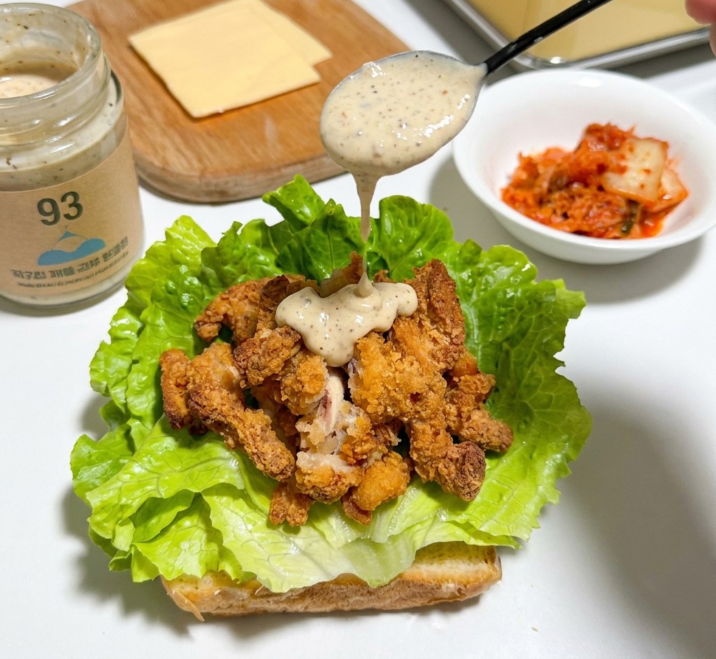 Una cuchara vertiendo salsa cremosa sobre trozos de pollo frito crujiente.