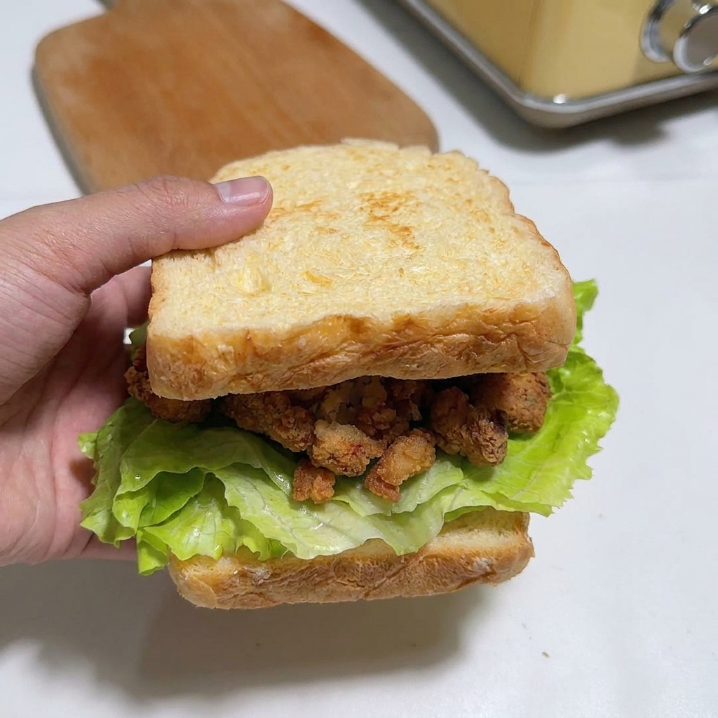 Una mano colocando la última rebanada de pan tostado sobre las capas de pollo, queso y kimchi.