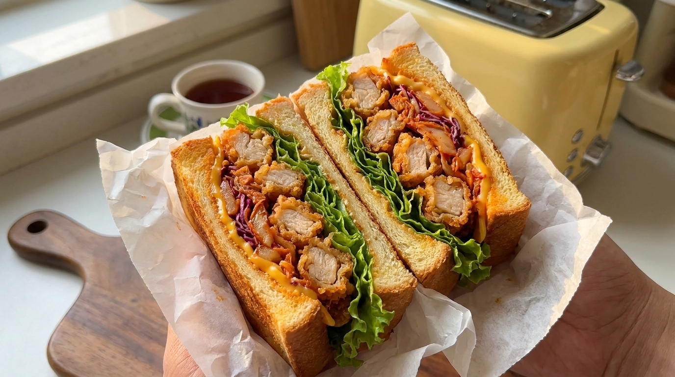 Sándwich de pollo crujiente y kimchi en freidora de aire