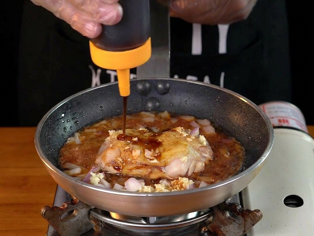 Vertiendo salsa oscura sobre el pollo en la sartén rodeado de cebollas y ajo.