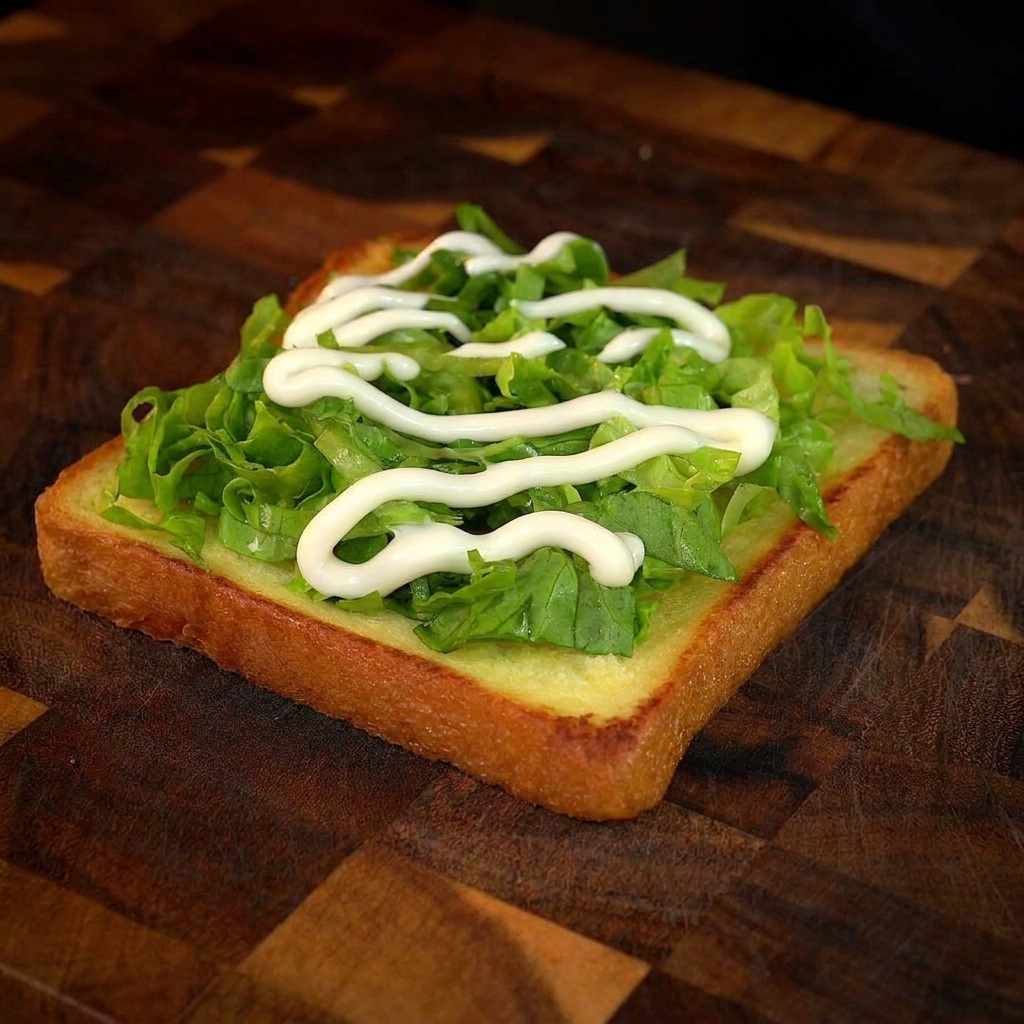 Lechuga troceada sobre pan dorado con un zigzag de mayonesa.