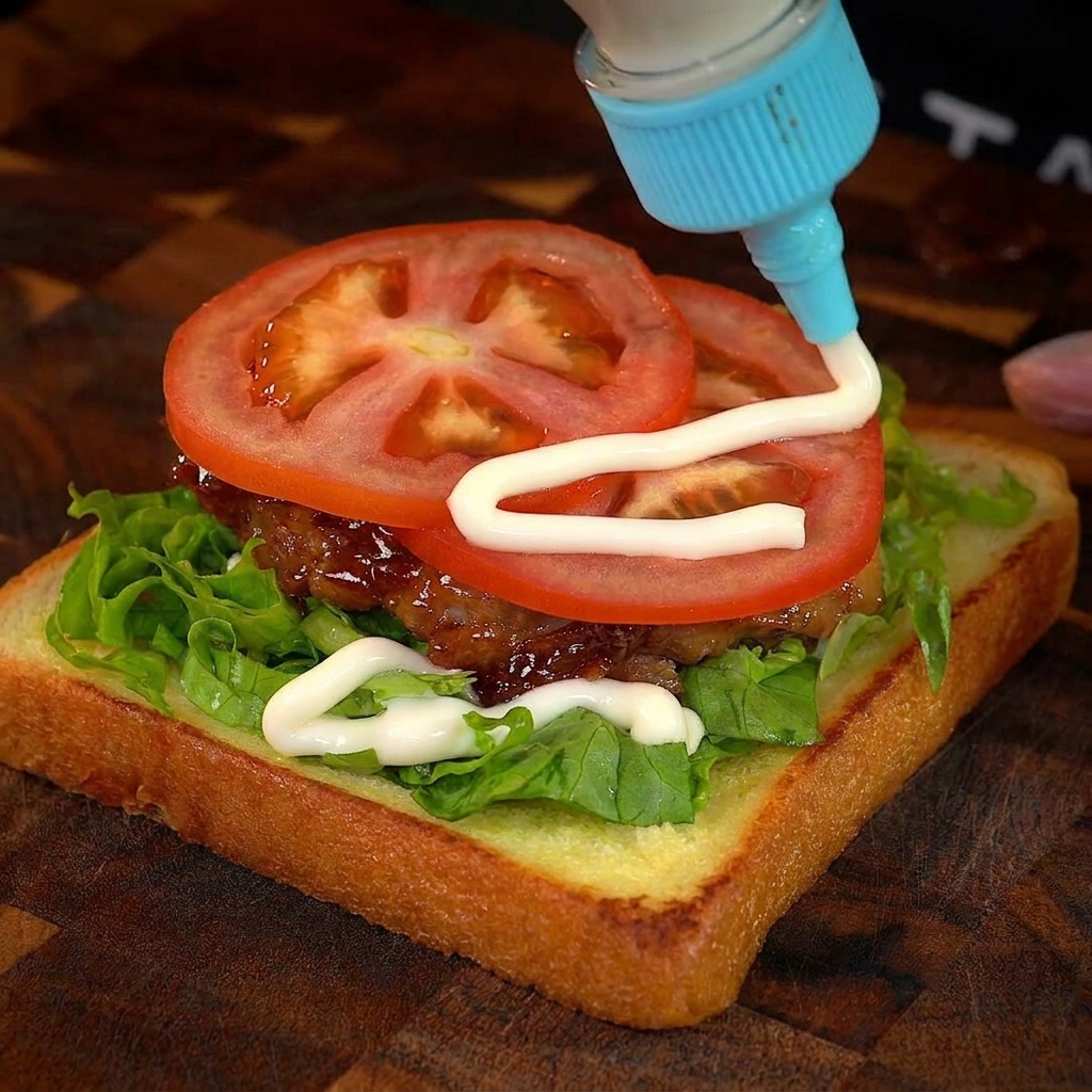 Rodajas de tomate fresco sobre el pollo glaseado en el sándwich.