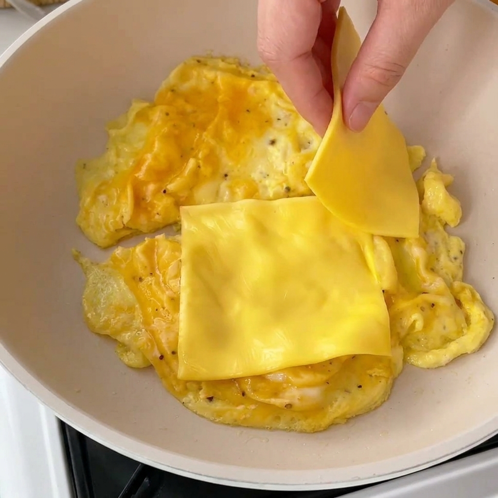 Una mano colocando una loncha de queso amarillo sobre una sartén con huevos revueltos suaves y brillantes que aún están algo líquidos.